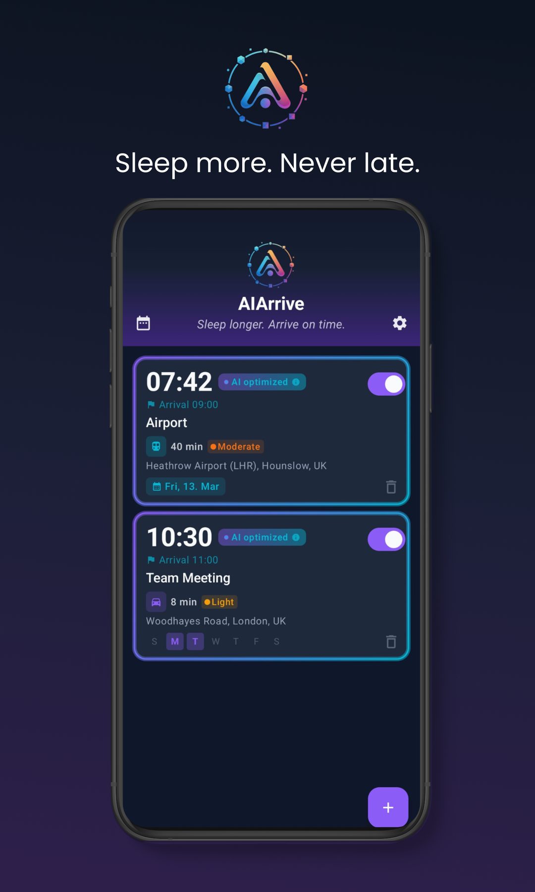 AIArrive smart alarm app dashboard showing alarms with live AI traffic status