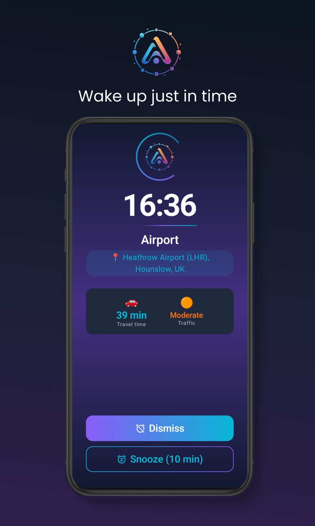 AIArrive full-screen alarm with real-time traffic info and snooze option