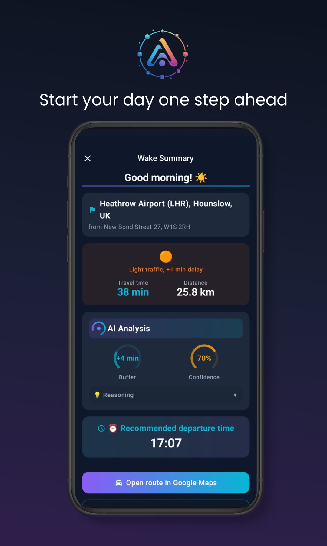 AIArrive wake summary showing AI analysis, traffic status and departure time